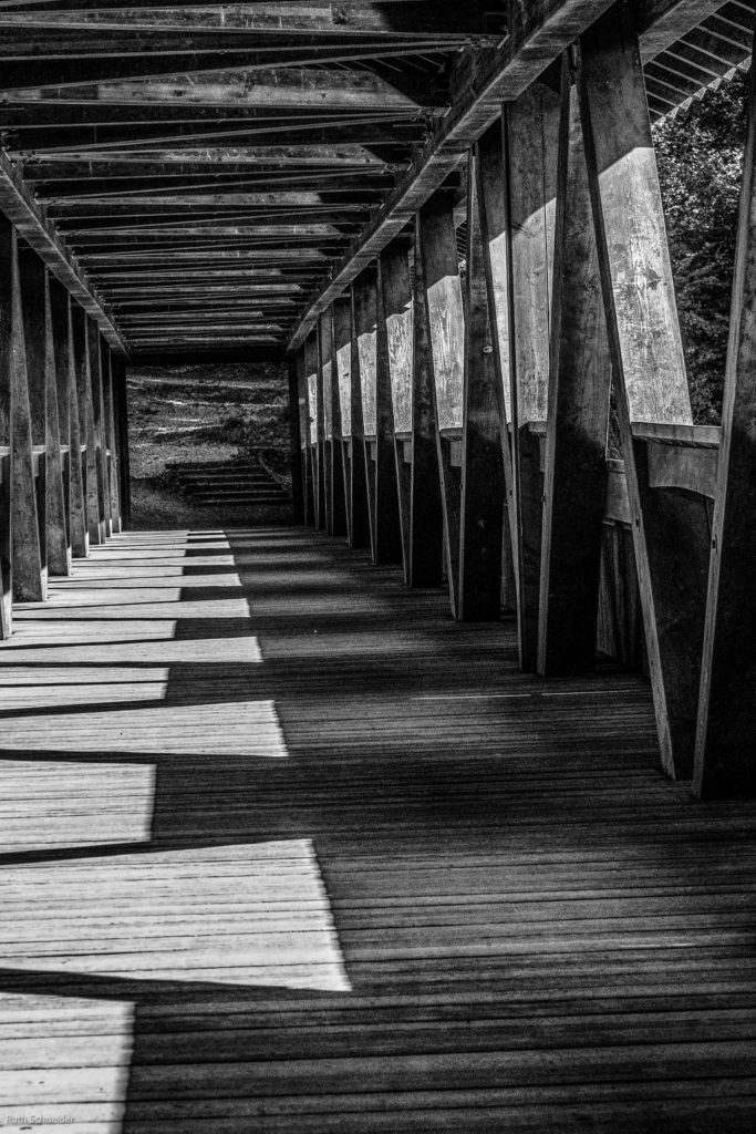 Schwarzweiss-Aufnahme der Holzbrücke über die Reuss bei Hermetschwil